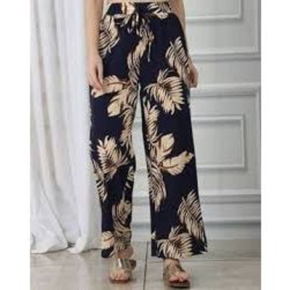 Shein Navy Blue Tan Tropical Drawstring Satin Feel Pants Sz XS/2